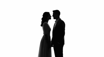 Silhouette of a loving couple holding hands facing each other.