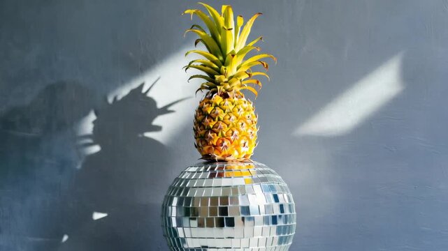 Fresh tropical pineapple on a mirrored disco ball with dramatic sunlight. Creative summer party concept for a fun celebration or event invitation. Modern still life panoramic banner - Powered by Adobe