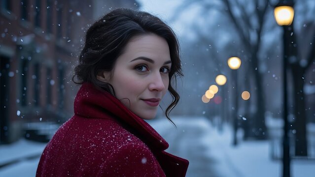 Woman in a red coat gazes back over her shoulder on a snowy city street