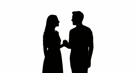 Silhouette of a couple holding hands and looking at each other.