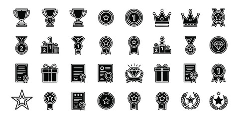 Comprehensive Vector Collection of Achievement and Award Icons, Featuring Trophies, Medals, Badges, and Certificates