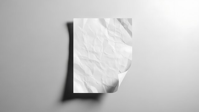 A single sheet of crumpled white paper with a subtle shadow on a light grey background, offering a versatile textured and minimalist element for creative use