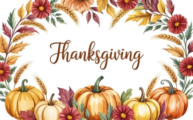 Watercolor thanksgiving harvest frame with pumpkins, autumn leaves, and floral elements, perfect for seasonal greetings and celebrations, isolated on white background