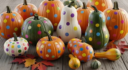 A vibrant collection of pumpkins and gourds, playfully decorated with colorful polka dots, arranged on a rustic wooden surface with scattered autumn leaves