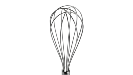 Close-up of a stainless steel whisk, isolated on a stark black background
