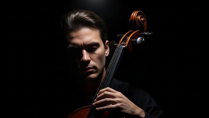Dramatic low key portrait of a musician holding a cello in an artistic atmosphere with deep shadows