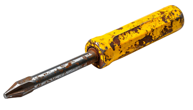 Corroded Yellow Screwdriver Tool with Distressed Texture on Transparent PNG