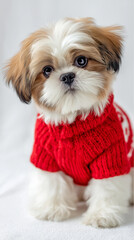 Shih Tzu Puppy Christmas Portrait on Clean White Background with Copy Space
