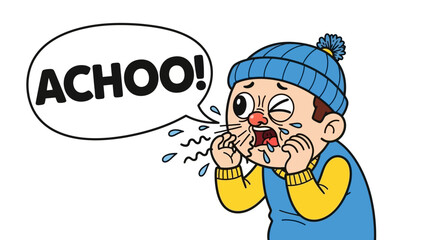Cartoon Man with Cold Sneezing with Handkerchief and wearing Beanie