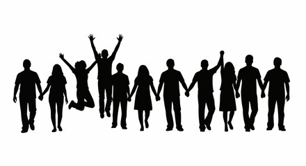 Silhouette of a Diverse Group of People Holding Hands in Unity.