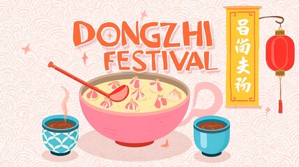 Dongzhi Festival Vector: Happy Winter Solstice Celebration with Tangyuan and Traditional Red Lanterns Illustration