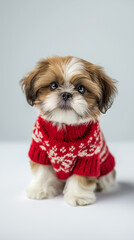 Shih Tzu Puppy Christmas Portrait on Clean White Background with Copy Space