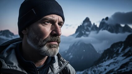 Rugged male hiker with intense gaze stands before snowy mountains in cold hues