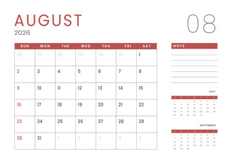 Monthly page Calendar Planner Template design of August 2026. Vector layout of calendar with week start Sunday for Scheduling. Page for size A4 or 21x29.7 cm