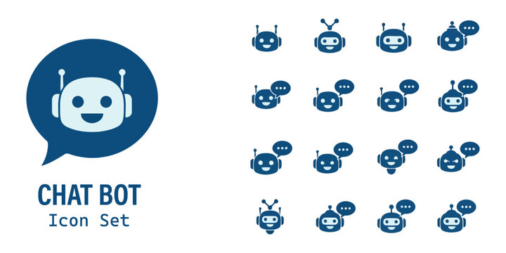 Friendly artificial intelligence robot faces illustrating digital communication and virtual assistant technology concepts