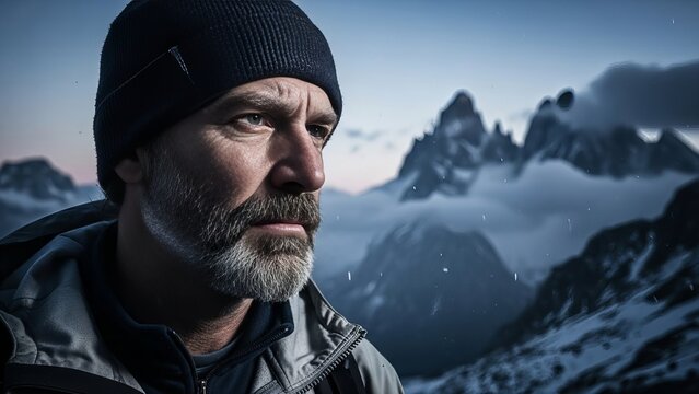 Rugged male hiker with intense gaze stands before snowy mountains in cold hues