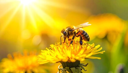 Bee on a yellow dandelion flower basks in warm sunlight, with blurry background