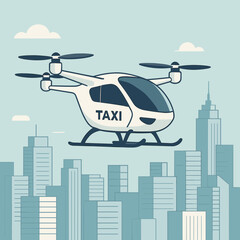 Flying taxi drone soaring above a modern city skyline in a clean and minimalist design