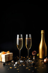 Champagne toast celebration with gifts and Christmas decorations