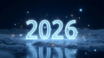 Glowing blue 2026 numbers emerge from snowy landscape with sparkling lights