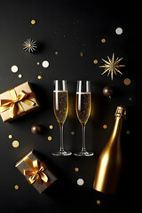 Champagne toast celebration with gifts and Christmas decoration