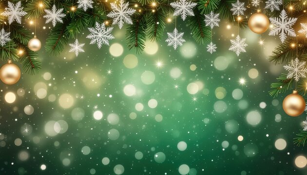 Festive holiday decorations with snowflakes and ornaments on a green background christmas event digital illustration warm and cheerful atmosphere captivating view celebration concept - Powered by Adobe