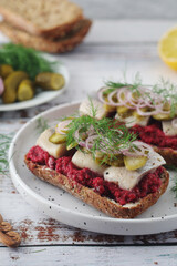 Scandinavian sandwiches with herring and beetroot	