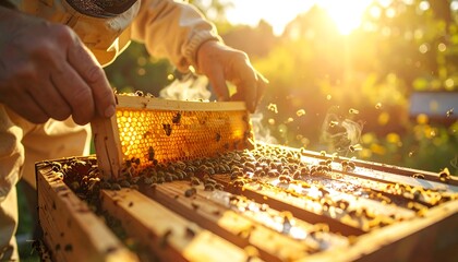 Beekeeper checks honeycombs overflowing with bees, bathed in golden sunlight. Smoke drifts through the air