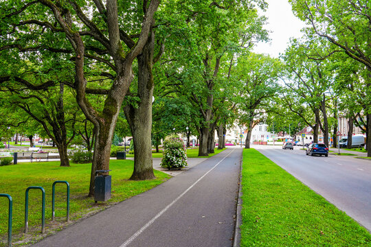 Cycle path along Ringi Street in the centre of Pärnu, a seaside city located on the west coast of Estonia in the Baltic States