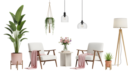 Cozy Home Decor Set Armchairs, Plants, and Lighting for a Relaxing Ambiance