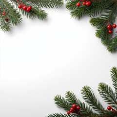 Christmas Pine Branch Frame with Red Berries on White Background