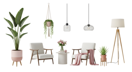 Stylish Home Decor Collection Featuring Chairs, Plants, and Lighting Accents