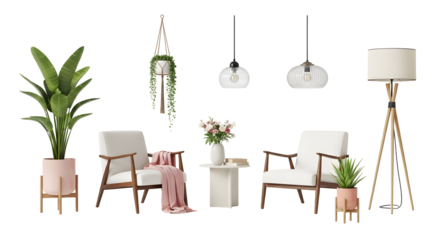 Cozy Living Room Scene with Plants, Chairs, and Lighting Fixtures