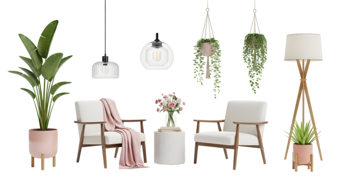 Modern Living Room Elements Armchairs, Plants, Lamps, and Side Table