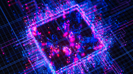 Artificial intelligence central processing unit background. Quantum computing core with data flows and logic operations. Futuristic technology neural network qubit processor.