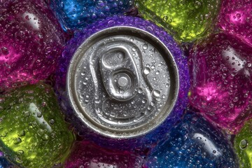 Iced Purple Soda Can Surrounded by Colorful Ice Cubes with Refreshing Drink Concept.