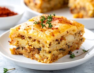 Baked layered dish, potatoes and eggplant, topped with thyme and paprika, on a white plate, light background
