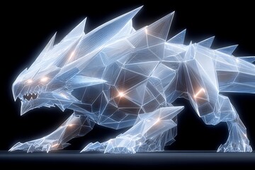Icefang Geometric 3D Wolf Sculpture on Black Background.
