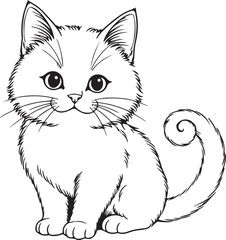 Cute happy cartoon kitten line art, adorable pet illustration.