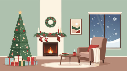 Naklejka premium Cozy Christmas illustration of a decorated living room with a fireplace, Christmas tree, and a window showing snowfall