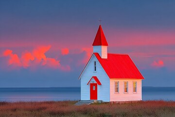 Iceland Churchs Dawn Red Roof Glows at Sunrise.