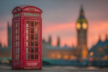 Iconic London Red Phone Booth at Sunset with Big Ben in the Background.