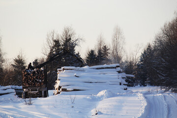 Winter logging in a remote village in Russia