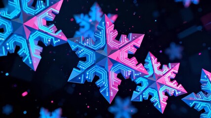 Digital snowflakes with neon circuit patterns