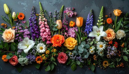 A vibrant array of colorful blooms on a dark background