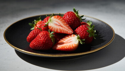 Strawberries arranged on a black porcelain plate with gold rim