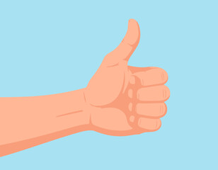 A cartoon illustration of a hand giving a thumbs up gesture against a light blue background.