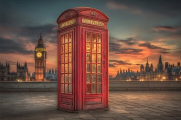 Iconic London Red Telephone Box at Sunset with Big Ben  City Skyline.