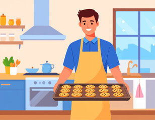 A smiling man wearing an apron holds a baking sheet filled with freshly baked chocolate chip cookies in a bright kitchen.
