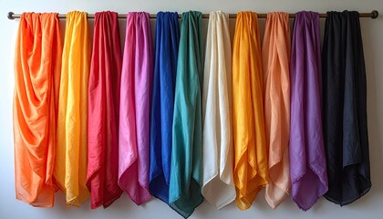 Array of colorful fabrics draping from a wooden rod